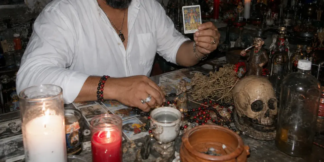 Vidente mostrando una carta del tarot