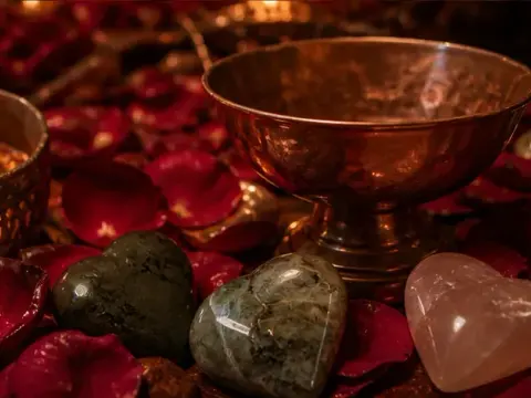 Cuarzos y pétalos de rosa entre velas