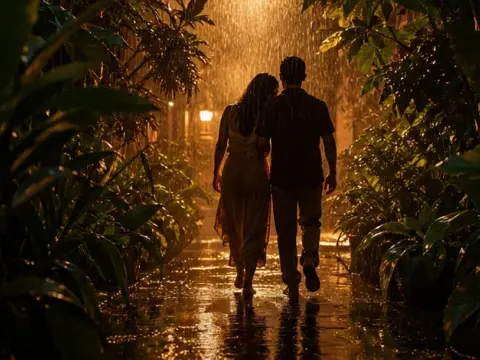 Pareja caminando bajo la lluvia